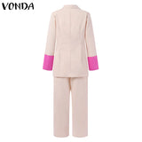 Women Suit Blazers VONDA Ladies Casual Lapel Coats Color Patchwork Autumn Office Formal Long Sleeve Thin Pant Sets no