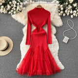 Mesh Spliced Knitted Dress Women Long Sleeve Temperamant Midi Long Dress Winter Solid Party Fashtail Sweater