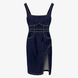 Streetwear Denim Midi Dress For Women Square Collar Sleeve High Waist Solid Patchwork Split Sling Dresses