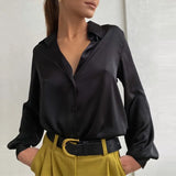 Solid Satin Shirt Elegant Polo Collar Office Lady Shirts 2022 Spring Summer Long Sleeve Top Female Fahsion Casual