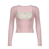 Fashion Girl Hit Color Square Collar Fold Splicing Fake Two Long-Sleeved T-Shirts Sweet Knit Blouse-Outfit