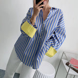 Straight Fashion Shirt For Women Lapel Long Sleeve Striped Colorblock Button Through Blouse Female Clothing