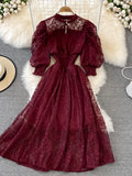 Vintage Women Lace Dress Spring Summer Elegant Stand Collar Puff Sleeve High Waist Party Vestidos Female Runway Robe 2022