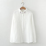 New Fine Women's Tops Flowers Embroidery Shirts Woman Long Sleeve Blouse White Green Lady Loose Cotton Shirts