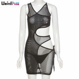 Puss Hollow Out Multi-Layer Sexy Summer Dress Sleeveless See Through Skinny Bodycon Fashion Street Style Party