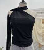 Real Shooting Mesh Ribbon Hanging Neck Folded Sleeveless Top Babes Two-Wearing Design Wrapping Bras