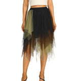 Women Midi Skirts Summer Contrast Color/Solid Color Elastic High Waist Irregular Ruffles Multi-Layered Tulle Tutu Skirts-Outfit