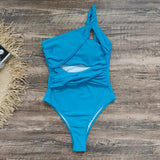 Solid Color Cross-Shoulder Hollow One-Piece Swimsuit Women 2025 New High-Waisted Integrated Export
