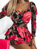 New Flower Printing Waist V Collar Bubble Sleeve Dress-Outfit