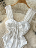 White Satin Mesh Playsuits Women Strap Beach Backless Slim Jumpsuits Ladies Transparent Club Sexy