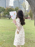 Japan Style Printing Square Collar Short Puff Sleeve Party Floral Mini Dress Elegant Evening Summer 2023 Women