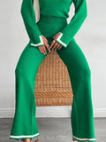 Women Casual Contrast Slit Sweater Suits O-Neck Knitted Pullover And Wide Leg Pants Female 2 Piece Set Elegant Warm Lilac