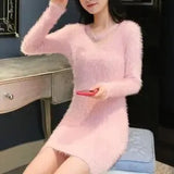 Mink Furry Sweater Women Autumn Winter Embroidery Elasticity Knit Bottoming Pullover Hippocampus Sexy Package Hip