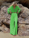 Pleated Fashion 2 Piece Women Wide Leg Trouses Suits And Drap Shirt Ladies Outfits 2yk Straight Long Pants Sets