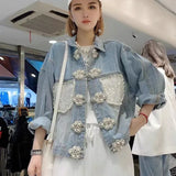 2021 Autumn New Women Denim Jackets Korean Turn-Down Collar Long Sleeve Pearls Embroidery Coats Patchwork Chic