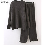Autumn Knit Outfits Women Two Piece Sets Rib Loose Pullover And Wide Legs Pants Streetwear Sweater Suit Matching