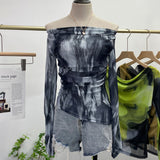 Dyed Printed Shoulder T-Shirt Design Sense Irregular Open Fork Thin Mesh Long Sleeve Top