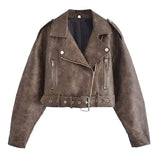 gradient leather jacket Women Vintage turn down collar belt zipper short Coat Autumn Female casual chic
