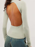 Women Long Sleeve T-Shirts Solid Color High Neck Backless Spring Fall Casual Slim Fit Tees Shirts Top Streetwear 2023-Outfit