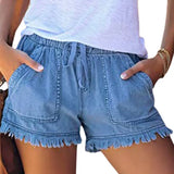 Women's Washed Denim Shorts, Casual Drawstring Elastic Waist Frayed Hem Loose Short Jeans-Outfit