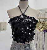 Industry Bling Bling Glide Hanging Neck Sling Vest One-Style Wrapping Tie With Large Bare Back Blouse