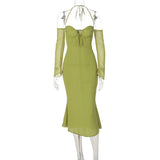 Toloer High Waist Hanging Neck Sexy Back Solid Color Slim Fish Tail Temperament Dress Long