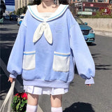 QWEEK Kawaii Hoodies Women Sailor Collar Sweatshirt Japan Style Oversized Soft Girl Navy Long Sleeve Top Funny Bear
