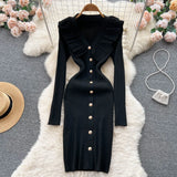 Winter Ruffles Design Knitted Dress V Neck Button Sheath Sweater Dress Fashion Long Sleeve Solid Midi Long