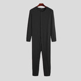 Men Pajamas Jumpsuit Homewear Solid Color Long Sleeve Comfortable Button Leisure Sleepwear Men Rompers Nightwear