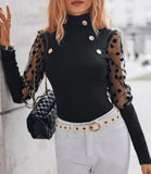 E-Commerce New Thin High-Collar Perspective Net Gauze Flocking Long-Sleeved T-Shirt Tight Top Woman-Outfit
