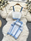 Knitted Fashion Striped Women Sets Summer 2022 Slash Neck Korean Style Elastic Waist Ladies Mini Skirt Two Piece