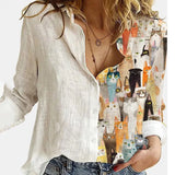 2021 Women Botton Vintage Polo-Neck Office Lady Spring Summer Loose Casual Cartoon Printing T-Shirt Long