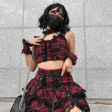 Dark Plaid Sling Lace Tie Pleated Skirt 2023 Spring Personality Suit-Outfit