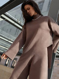 Women Knitted Two Piece Sets Solid High Collar Pullovers+Wide Legs Pants Irregular Suit 2022 Autumn Winter Fashion Loose