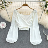 Fashion V-Neck Folded Collared Collared Collared Long-Sleeved Sleeve Cover Female Chic Short-Term Navel