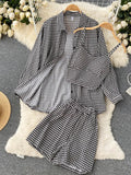 Women 3 Pieces Set Houndstooth Plain Green/Black/Orange Turn-Down Collar Single Breasted Blouse + Strap Camis + Shorts Suits