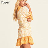 Yellow Floral Print Dress Boho Beach Summer Dresses V-Neck Half Sleeve Casual Short Dress for Women Clothing 2023