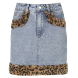 Patchwork Furry Leopard High Waist Jeans Skirts Womens Casual Fashion Pokcet Mini Skirt Harajuku Streetwear