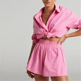 Loungewear Women Blue Suits With Shorts Casual Loose Long Sleeve Cardigan Shirt Two Piece Set Sleepwear Summer
