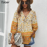 Boho Floral Print Holiday Women Shirt Tops Lace-up V-Neck Lantern Sleeve Loose Vestidos Vintage Casual Spring