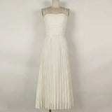 White Elegant Dress For Women Square Collar Sleeveless High Waist Ruched Solid Minimalist Mid Dresses Female
