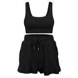 Solid Sportswear 2 Two Piece Sets Women 2021 Crop Top And Drawstring Shorts Matching Suits Summer Athleisure Outfits
