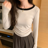 The Color Mousse Cashmere Draped Rope Pleated Long-Sleeved T-Shirt Women's Autumn And Winter New Short Style Underwear-Outfit