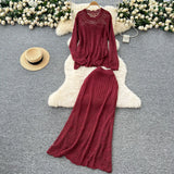 Wind High-End Sleek Crochet Knitting Set Of Women's Round Collar Long Sleeve Blouse High-Waisted Hip