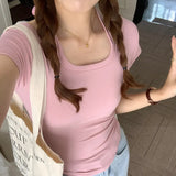 Desire Hot Girls Design Sense To Hang Neck U-Collar Short-Sleeved T-Shirt Summer New Style Waist Shows Slim All Kinds Of Short Style Blouse Trend-Outfit