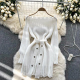 Off Shoulder Sexy Knitted Dress Long Sleeve Lace Up Midi Warm Dress Autumn Women Slash Party Sweater