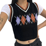 Y2K Sleeveless Autumn Sweater Pullover Casual Plaid Knitted 90s Knitted Crop Sweaters Casual Autumn Preppy