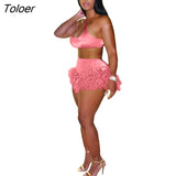Colors Feather Fringe Patchwork Shorts and Crop Top Two Piece Set Summer Streetwear Women Sexy Bodycon Tracksuit Party
