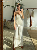 Sexy Halter Backless Tank Top Set Woman 2 Piece Bodycon Beige Pleated Pants Set Female Elegant Skinny Slit Trouser