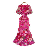 High-End Elegant Heavy Industry Flower Embroidery Round Collar Lantern Sleeves To Close The Waist Slim Slimmed Fishtail Dress